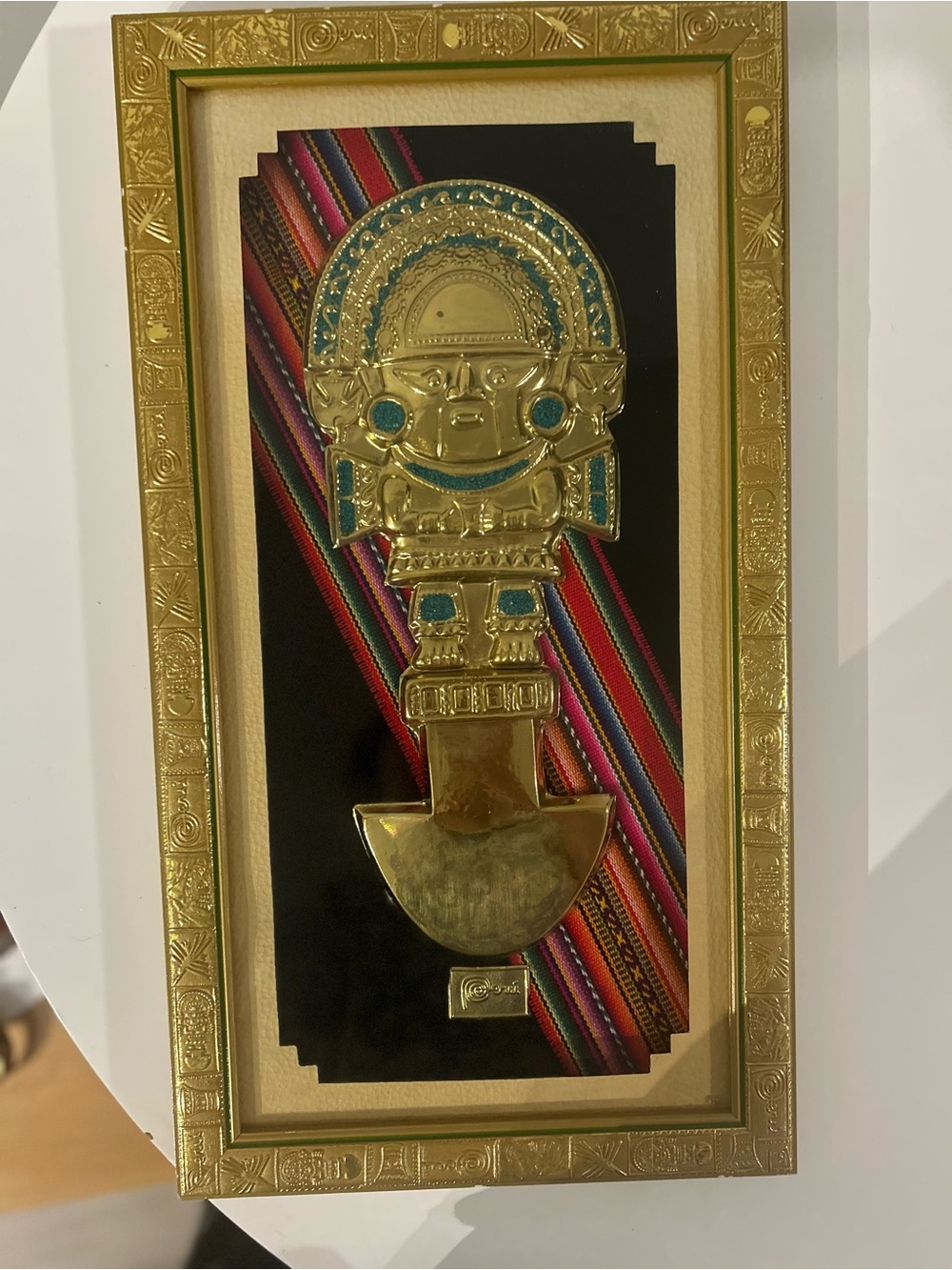 Gold Incan Wall Decor Plaque with Teal Accents